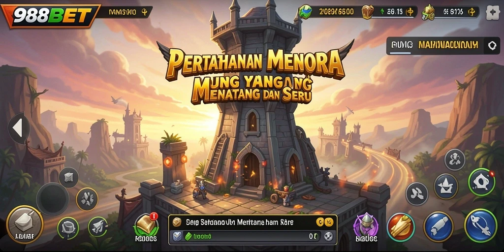 Screenshot gameplay Tower Defense dengan menara yang sedang bertarung.