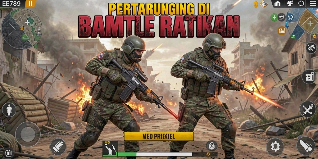 Screenshot gameplay EE789 menampilkan aksi pertarungan seru di arena Battle Royale.