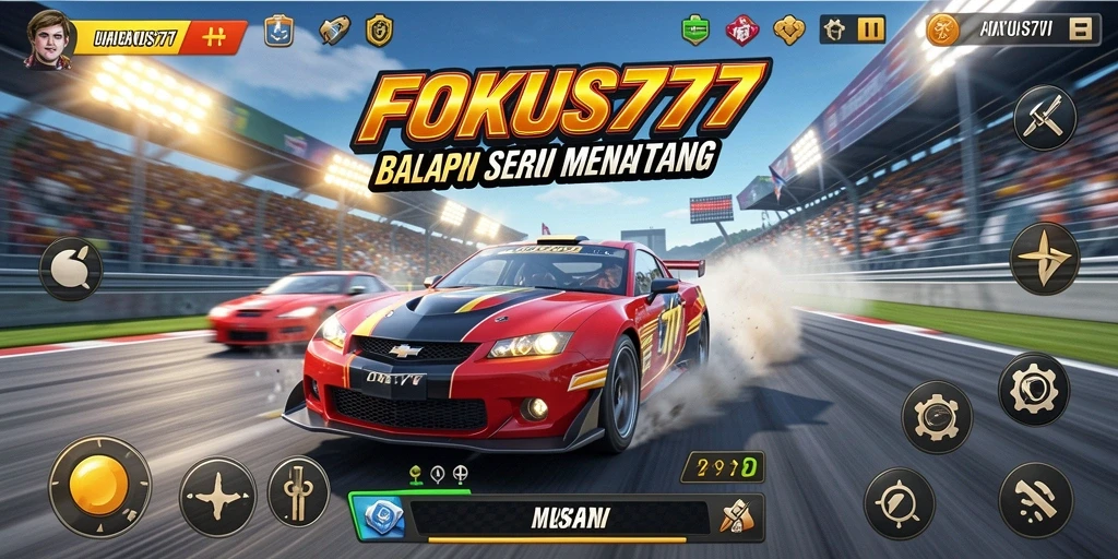 Screenshot utama FOKUS777 menampilkan aksi balapan yang mendebarkan.