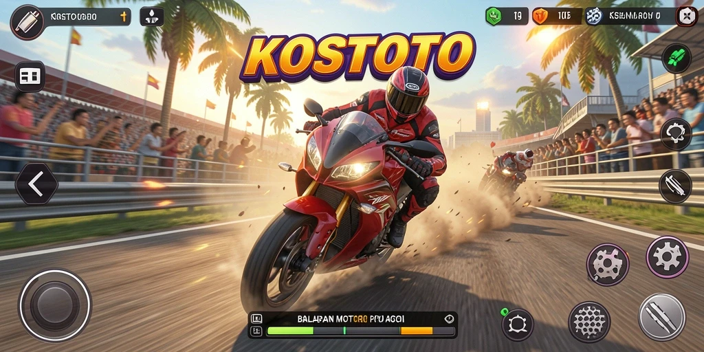 Tampilan gameplay KOSTOTO yang mendebarkan dengan aksi balapan motor.