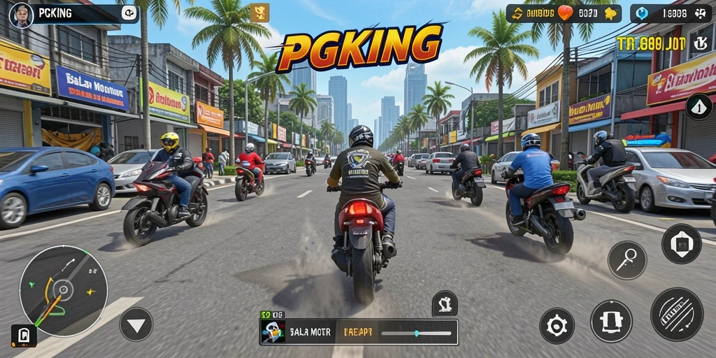 Gameplay seru PGKING menampilkan balapan motor yang mendebarkan.