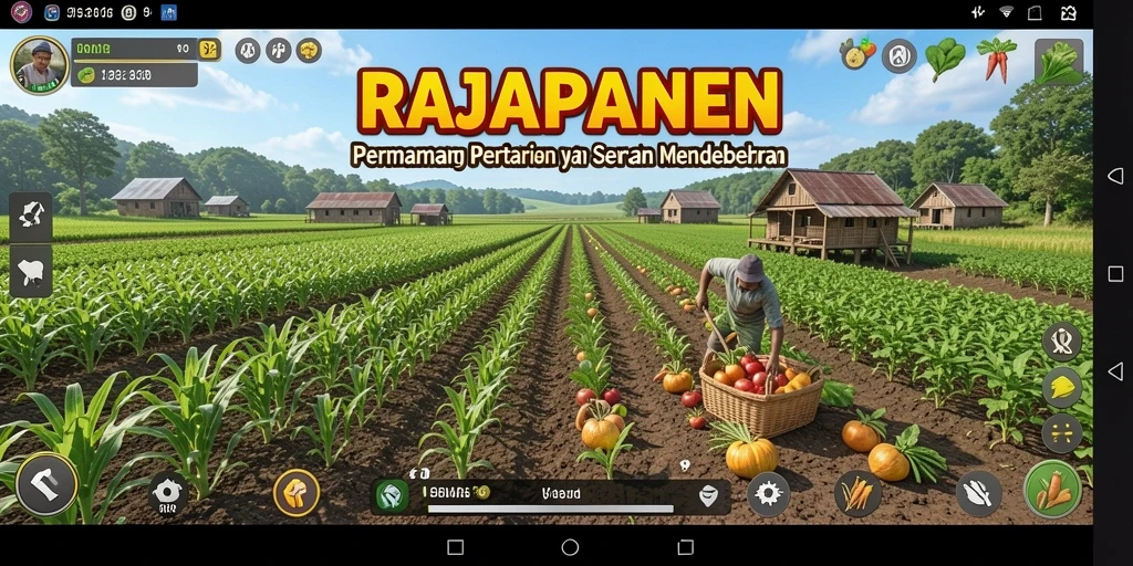 Tampilan gameplay interaktif di RAJAPANEN dengan lahan pertanian yang subur.